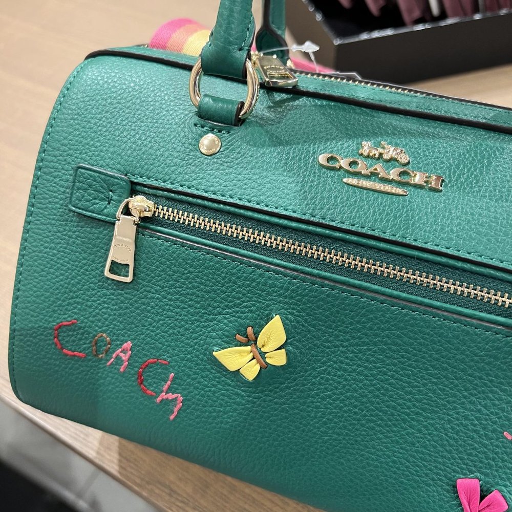Coach Green Leather Satchel with Rainbow Strap and Multicolor Accents - Picture 6 of 7